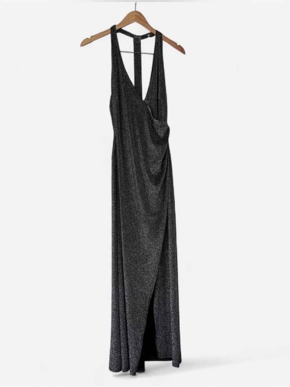 Lulu's maxi dress sz M silver Black Shimmer Draped edgy party glam evening wear